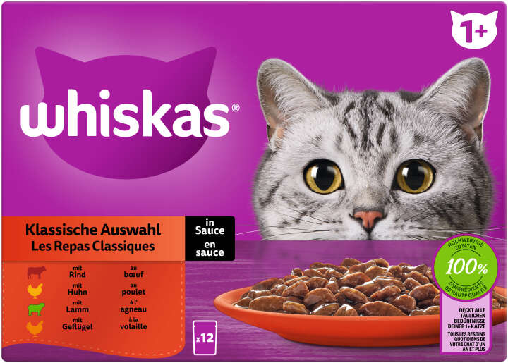whiskas Katzen-Nassfutter Portionsbeutel Multipack 1+ Klassische Auswahl in Sauce 12 x 85g
